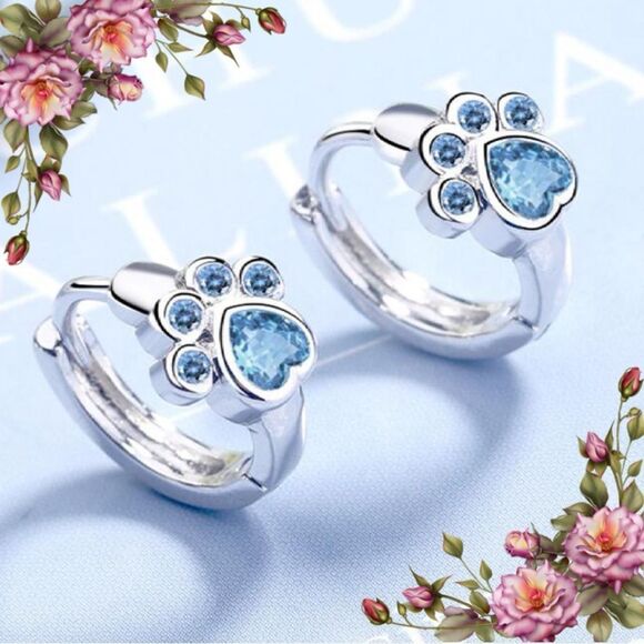 Jewelry - Cute Pet Paw Print Design Silver and Blue Tone & Zirconia Ear Stud Earrings